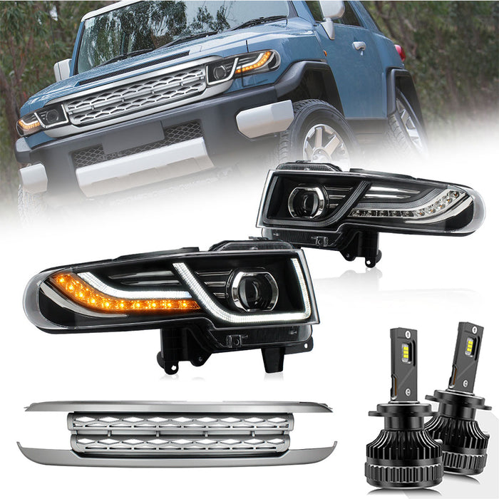 VLAND LED Headlights With Grille Assembly+2Pcs D2S LED Bulbs Fit for 2007-2015 Toyota FJ Cruiser 1st Gen