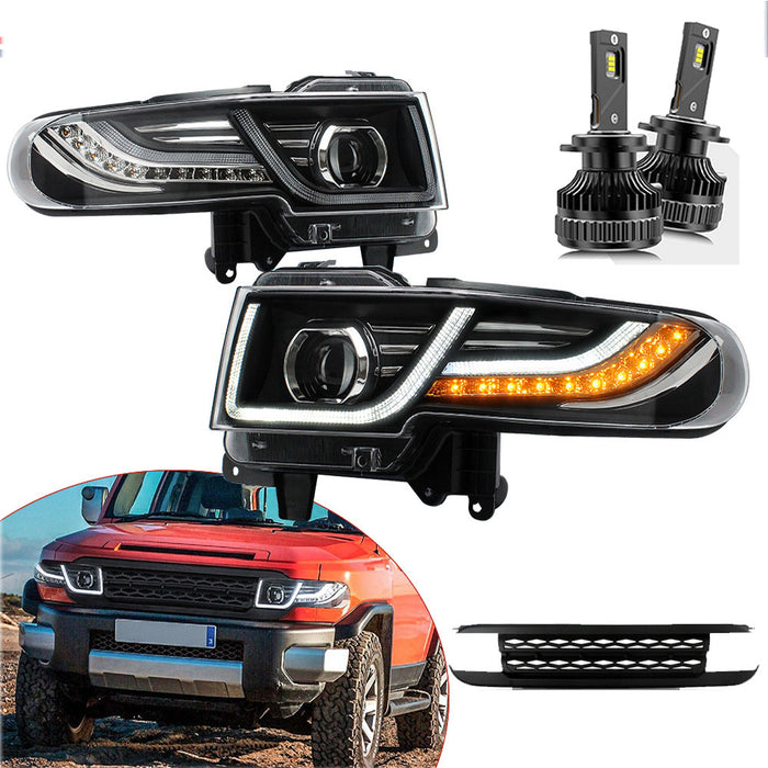 VLAND LED Headlights With Grille Assembly+2Pcs D2S LED Bulbs Fit for 2007-2015 Toyota FJ Cruiser 1st Gen