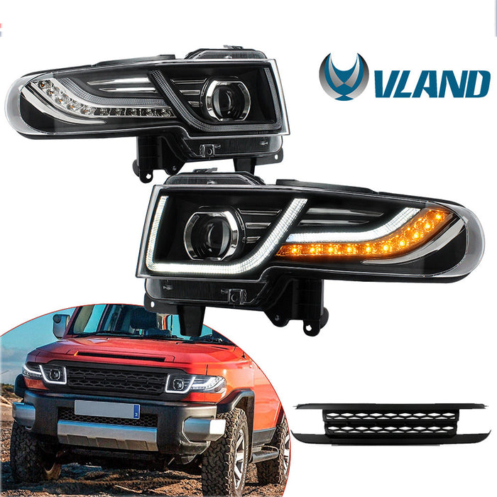 VLAND LED Headlights With Grille Assembly+2PCs D2H Xenon Bulbs Fit for 2007-2015 Toyota FJ Cruiser 1st Gen