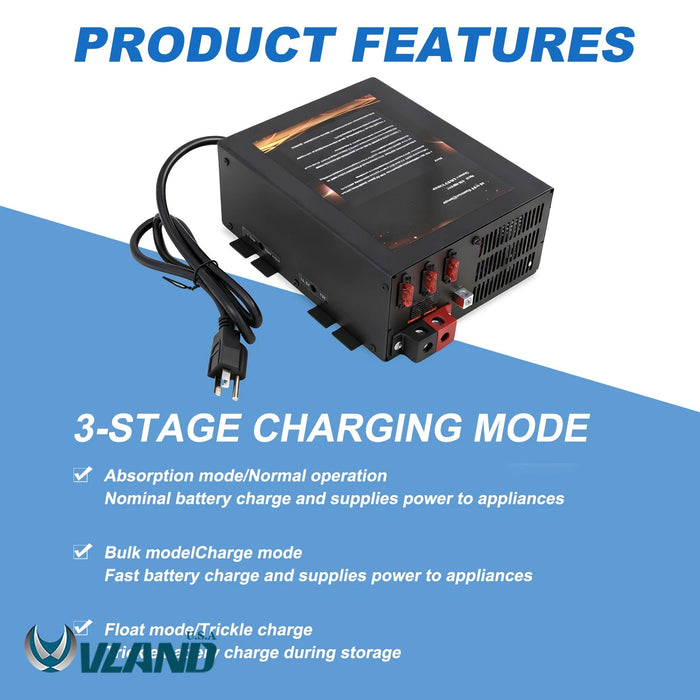 VLAND 12V RV Power Converter Battery Charger 3-Stage For Camper Marine PM3-55LK