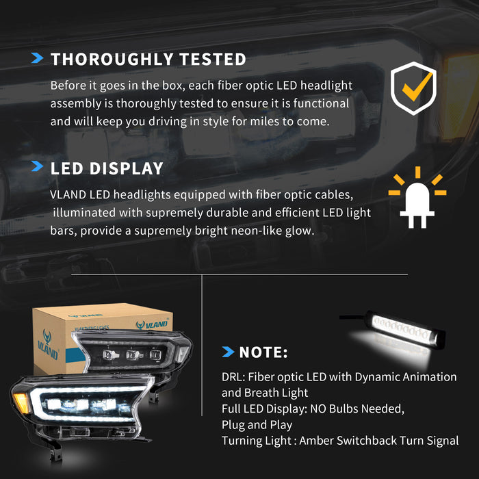 VLAND LED Projector Headlights For 2015-2022 Ford Ranger Start UP Animation DRL(For International Version)