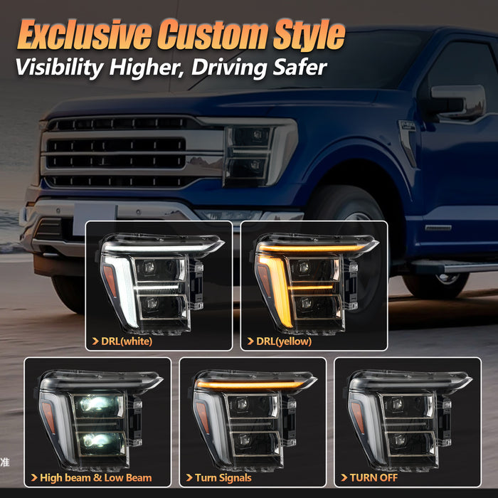 VLAND Projector LED Headlights For 2021-2023 Ford F-150 – Pair – Clear Lens