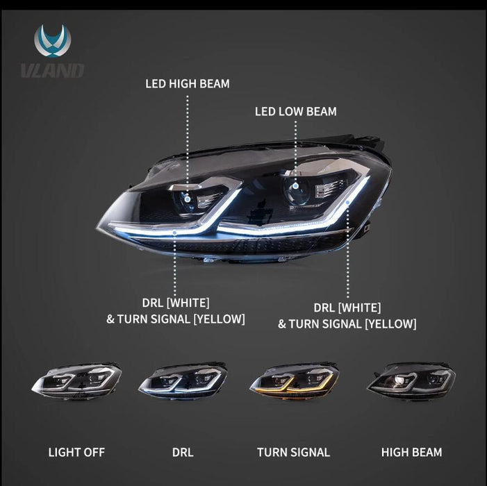 Plug&amp;Play <tc>VLAND</tc> LED-Scheinwerfer für Volkswagen Golf MK7 Halogenmodelle 2015–2017 (Europa ist 2013–2016)