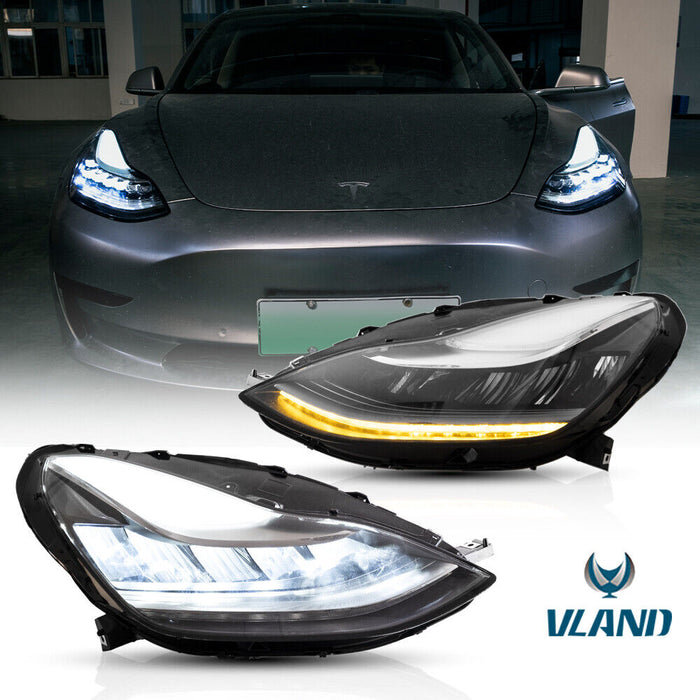 VLAND LED DRL Reflector Headlights For 2017-23 Tesla Model 3 W/ Dynamic Signal
