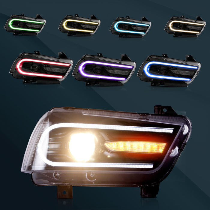 VLAND LED Headlights RGB Colour For Dodge Charger 2011-2014 Black Dual Beam Head