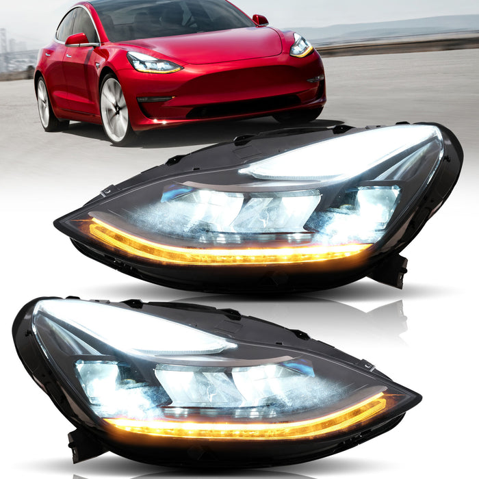 VLAND LED Headlights w/ Sequential Turn Signal For 2017-2023 Tesla Model 3 2020-2023 Model Y