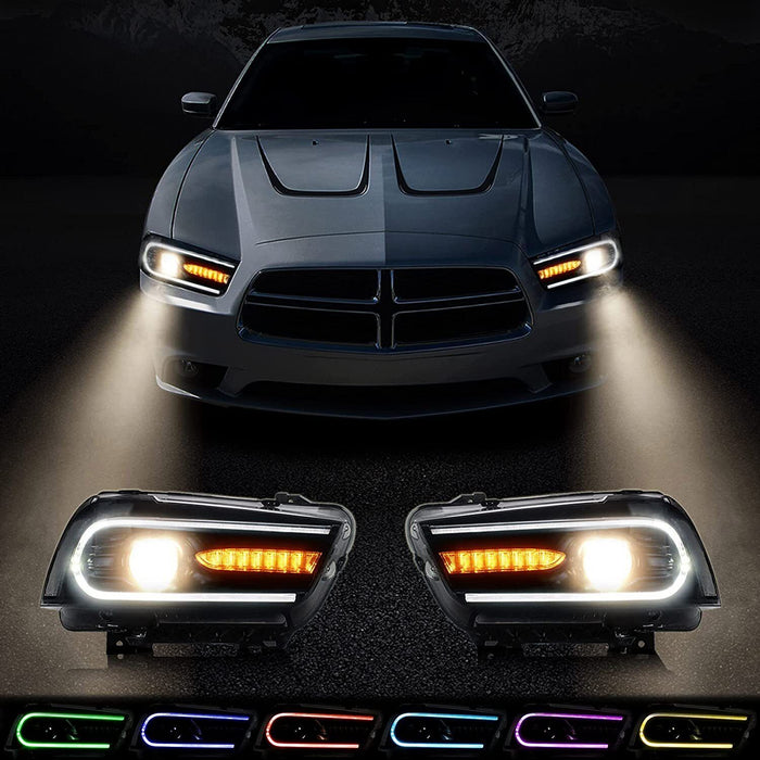 VLAND LED Headlights RGB Colour For Dodge Charger 2011-2014 Black Dual Beam Head