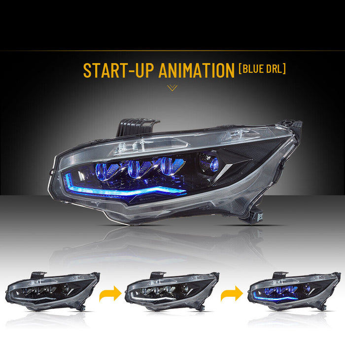 VLAND Full LED Headlights For 2016-2021 Honda Civic Blue DRL Sequential Signal