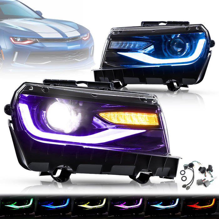 Vland RGB Dual Beam Headlights For Chevy Camaro 2014 2015 With Amber Sequential, Multicolor DRL colors