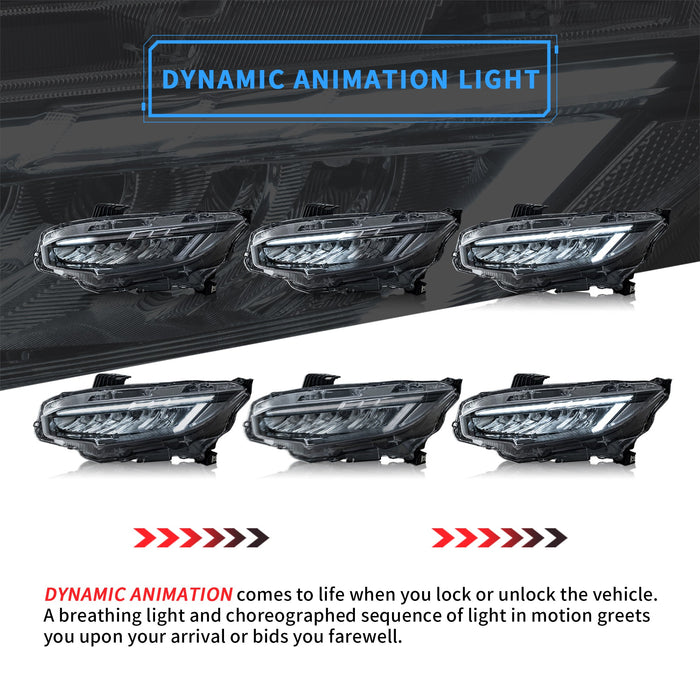 VLAND 1 Paar LED-Scheinwerfer für 10. Generation Honda Civic Sedan/Coupe/Fließheck/Typ R 2016–2021 (US-Lager)