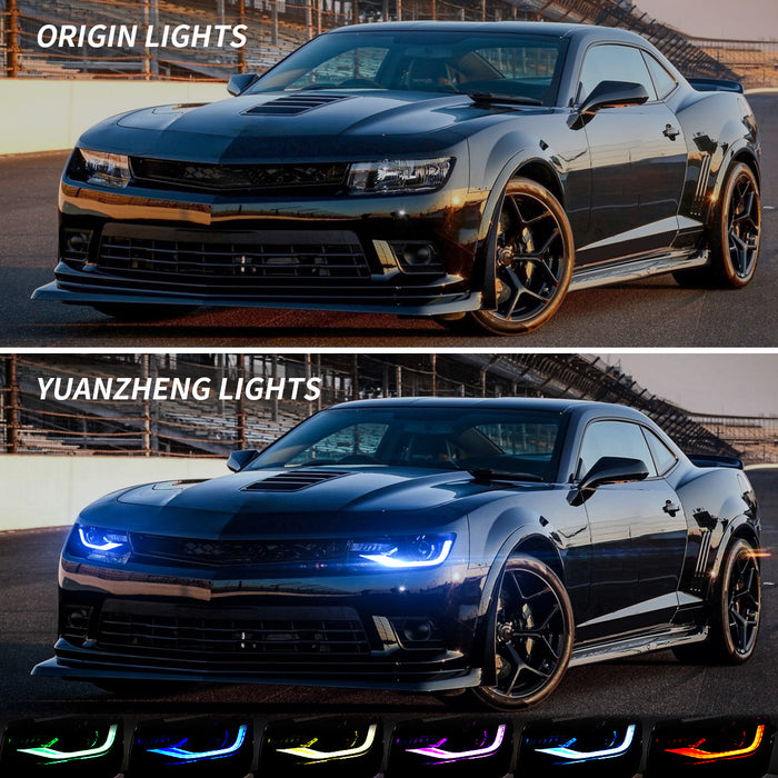 Vland RGB Dual Beam Headlights For Chevy Camaro 2014 2015 With Amber Sequential, Multicolor DRL colors