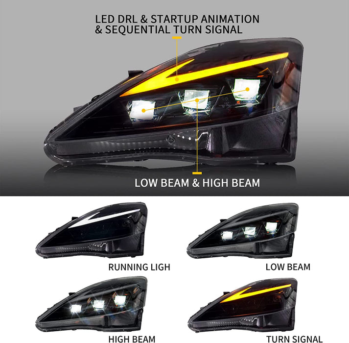 Phares de projecteur LED VLAND pour Lexus IS250 IS350 2006-2012 IS200d IS F 2008-2014 (édition réflecteur ambre et transparent)