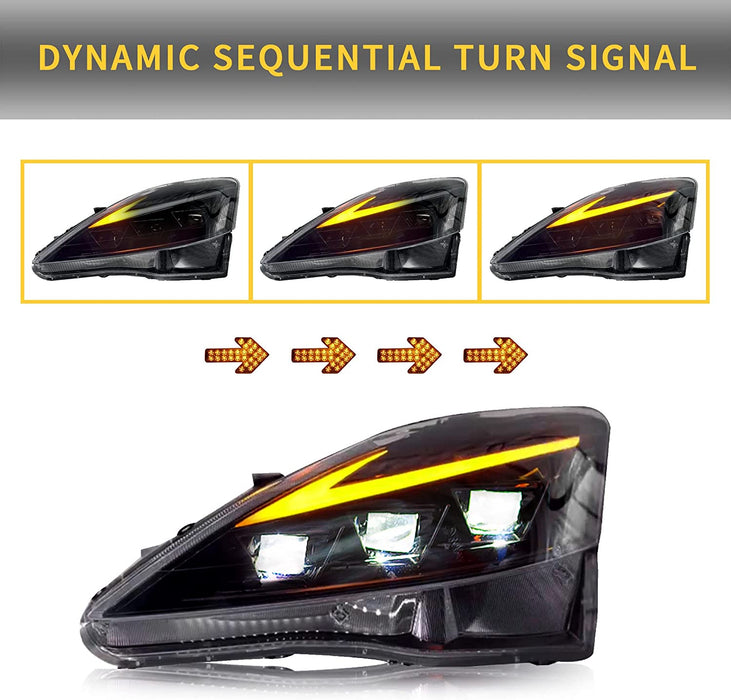Phares de projecteur LED VLAND pour Lexus IS250 IS350 2006-2012 IS200d IS F 2008-2014 (édition réflecteur ambre et transparent)