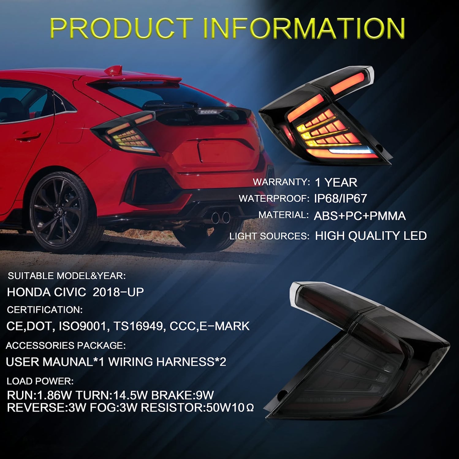 VLAND Tail Lights For Honda Civic Hatchback LX Sport EX 20162021 [5 D